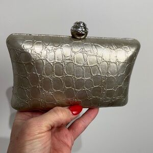 Champagne Gold Faux Leather Clutch Purse with Crocodile texture Rhinestone clasp